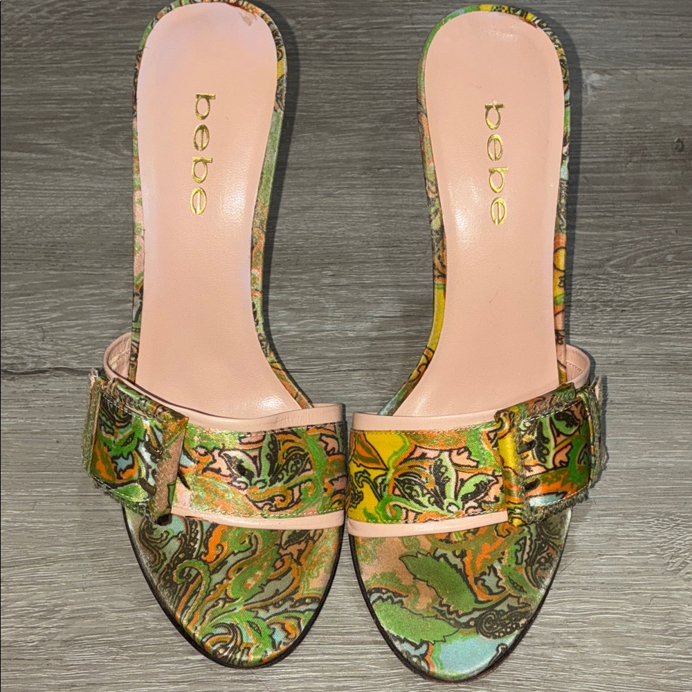 Bebe Women's Green and Yellow Slide Sandals